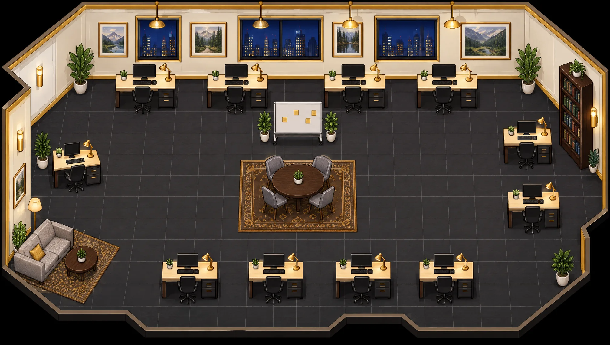 Pixel-art illustration of the Ducas AI Agents team working together in a shared office
